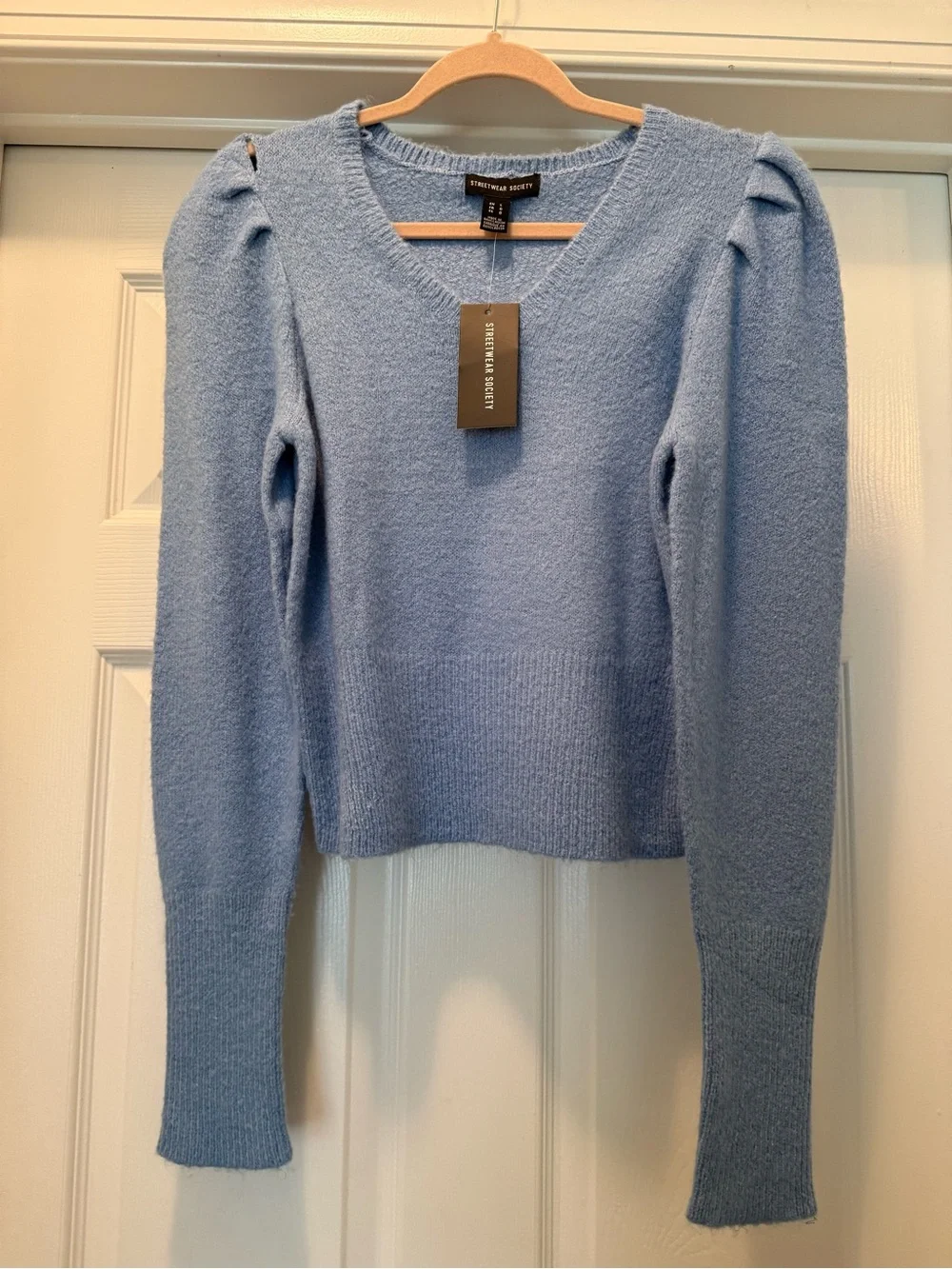 Light Blue V-Neck Puff-Sleeve Sweater